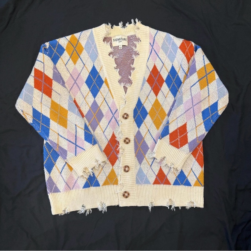 Signature Argyle Knit Sweater in Blue, Orange, Red, and Cream